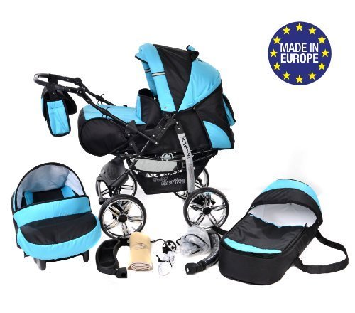 3-in-1 Travel System with Baby Pram, Car Seat, Pushchair & Accessories, Black & Turquise