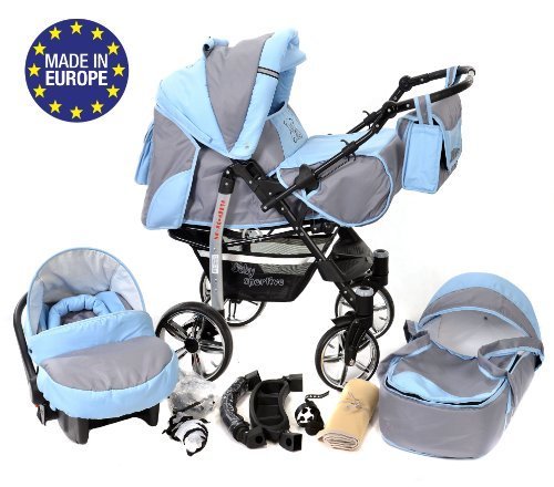 3-in-1 Travel System incl. Baby Pram with Swivel Wheels, Car Seat, Pushchair & Accessories, Pale Gray & Blue
