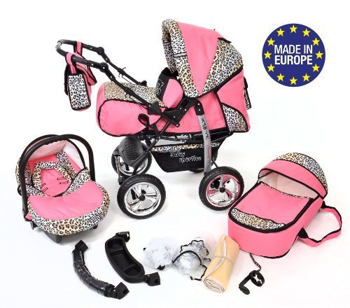 3-in-1 Travel System with Baby Pram, Car Seat, Pushchair & Accessories, Pink & Leopard