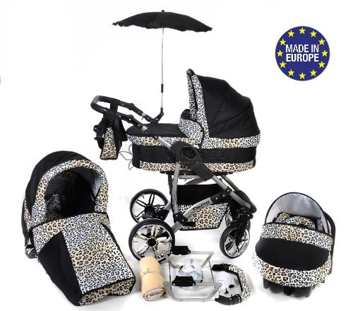 Twing, 3-in-1 Travel System with Baby Pram, Car Seat, Pushchair & Accessories, Black & Leopard