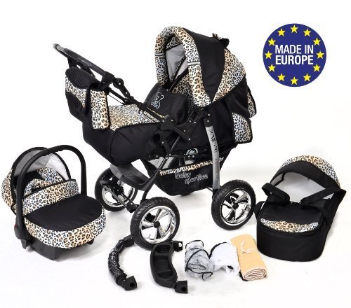 3-in-1 Travel System with Baby Pram, Car Seat, Pushchair & Accessories, Black & Leopard
