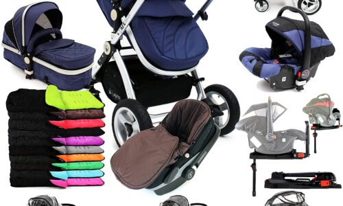 i-Safe System – Navy Trio Travel System Pram & Luxury Stroller 3 in 1 Complete With Car Seat + Footmuff + Carseat Footmuff + RainCovers