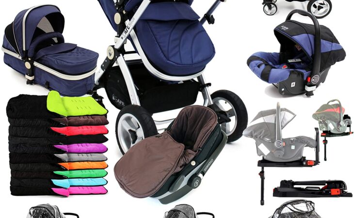 i-Safe System – Navy Trio Travel System Pram & Luxury Stroller 3 in 1 Complete With Car Seat + Footmuff + Carseat Footmuff + RainCovers