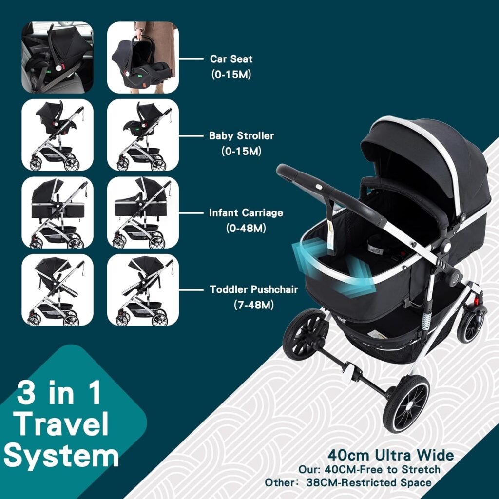 3 in 1 Baby Stroller, City Pram Travel System, Pushchair One-Click Folding, Baby Buggy, Carrycot  Car Seat Unit with Mosquito Net, High Landscape Stroller for Newborn 0-4Years, Beige