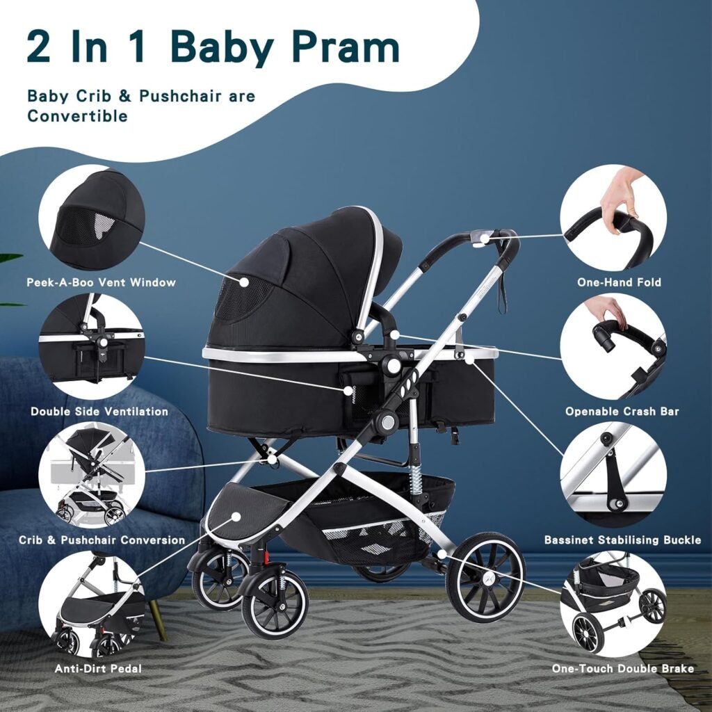 3 in 1 Baby Stroller, City Pram Travel System, Pushchair One-Click Folding, Baby Buggy, Carrycot  Car Seat Unit with Mosquito Net, High Landscape Stroller for Newborn 0-4Years, Beige