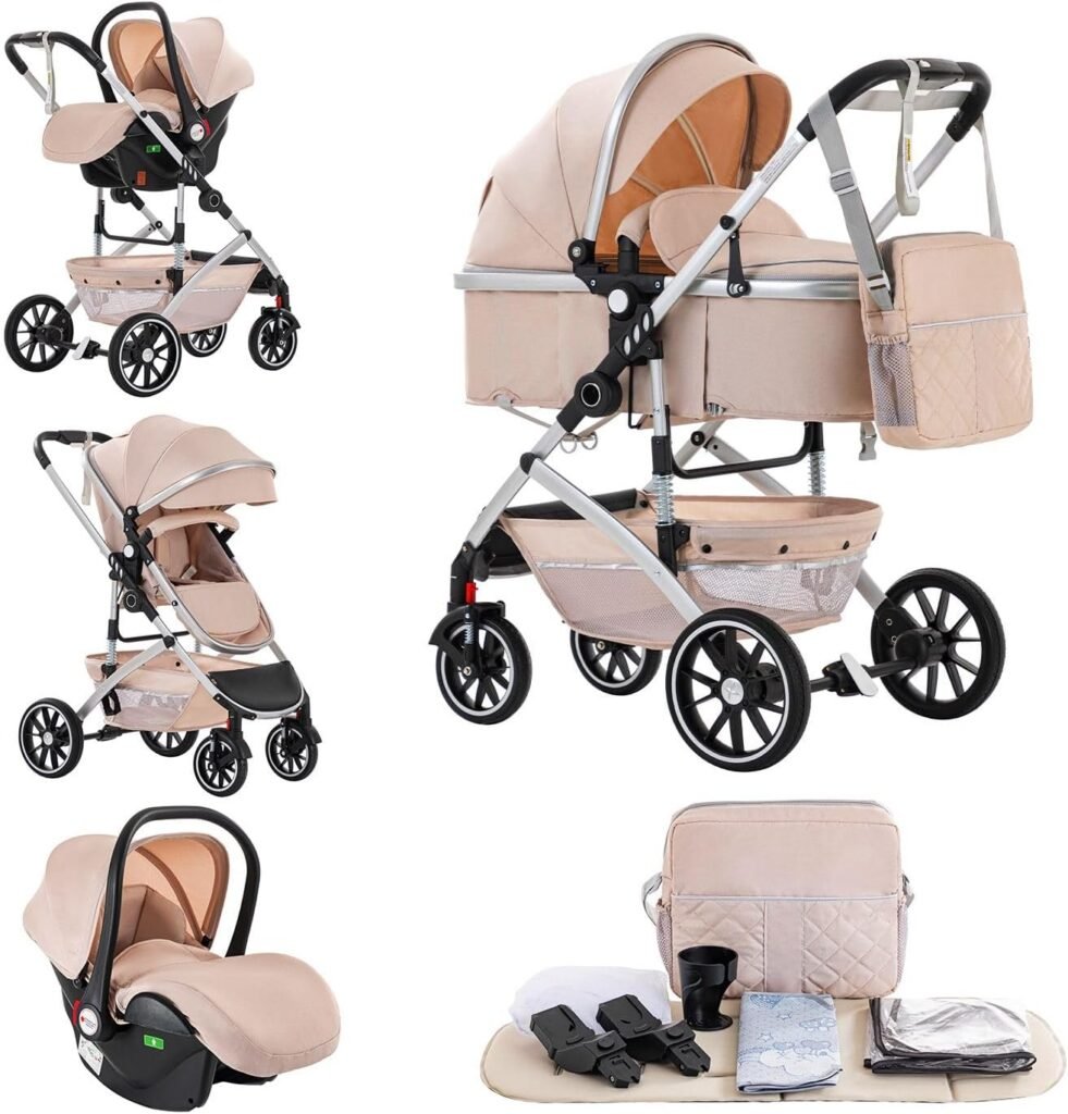 3 in 1 Baby Stroller, City Pram Travel System, Pushchair One-Click Folding, Baby Buggy, Carrycot  Car Seat Unit with Mosquito Net, High Landscape Stroller for Newborn 0-4Years, Beige