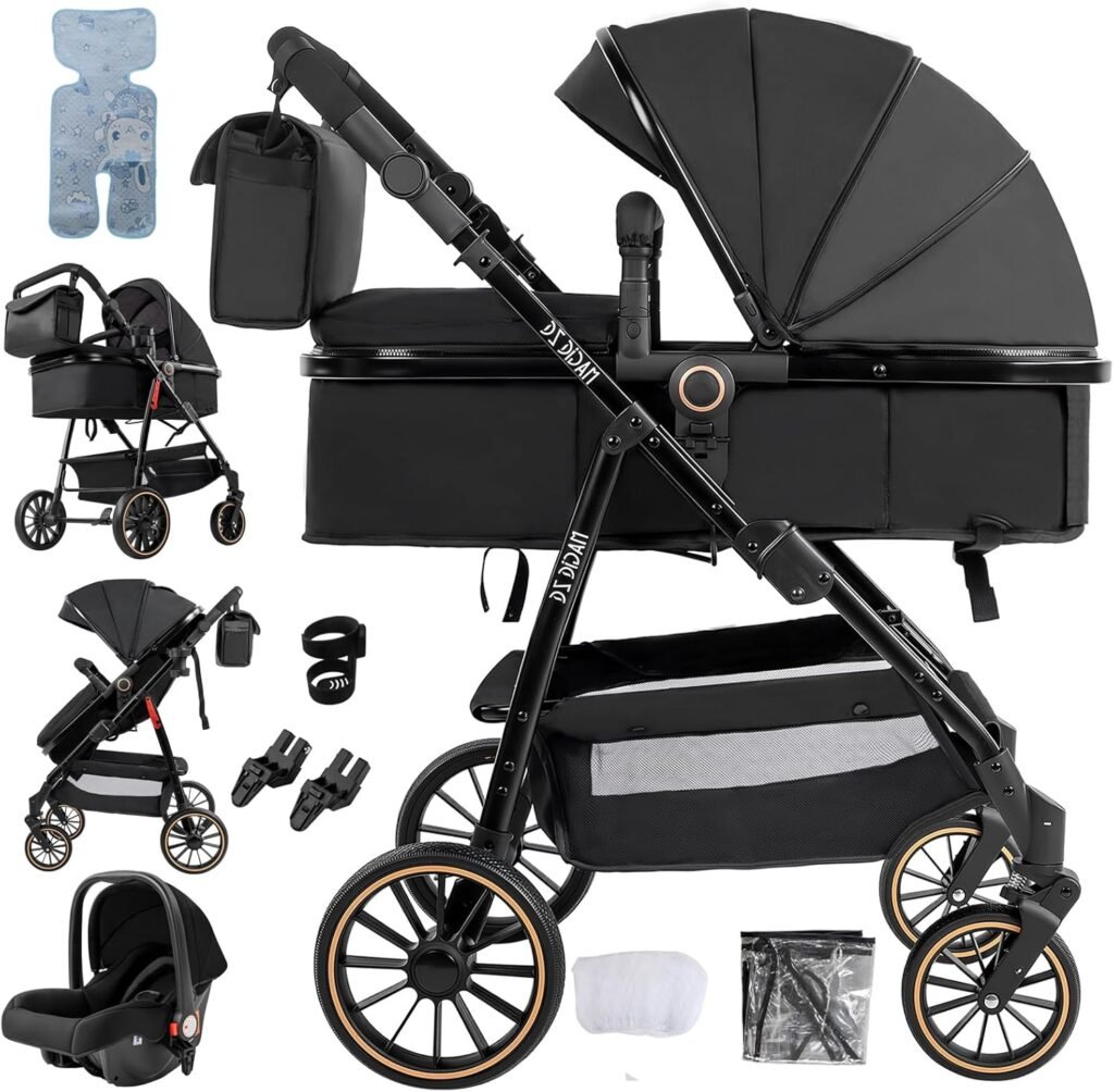 3 in 1 Baby Stroller Travel System, Pushchair 3 in 1 Set, Toddler Pram with Reversible Two Pushing Modes, Newborn Buggy Aluminum Frame, Infant Carriage One-Click Folding (V8 Black)