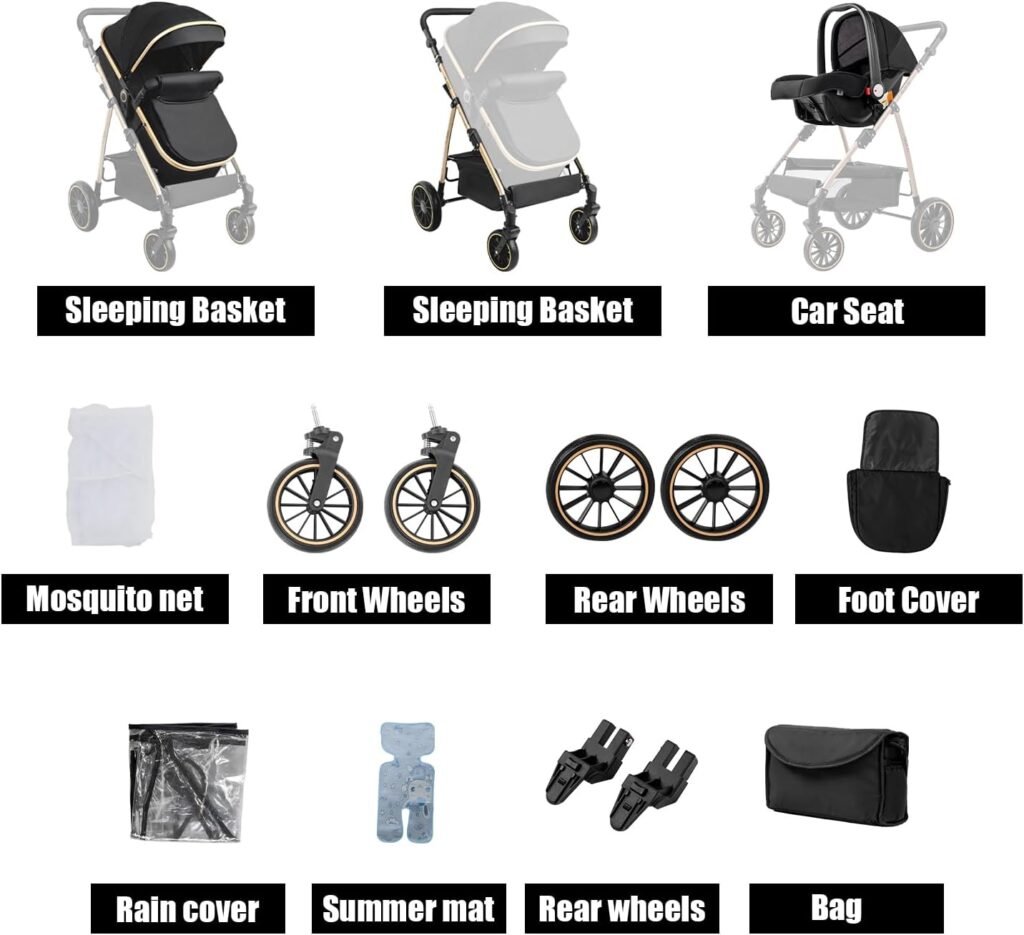 3 in 1 Baby Stroller Travel System, Pushchair 3 in 1 Set, Toddler Pram with Reversible Two Pushing Modes, Newborn Buggy Aluminum Frame, Infant Carriage One-Click Folding (V8 Black)