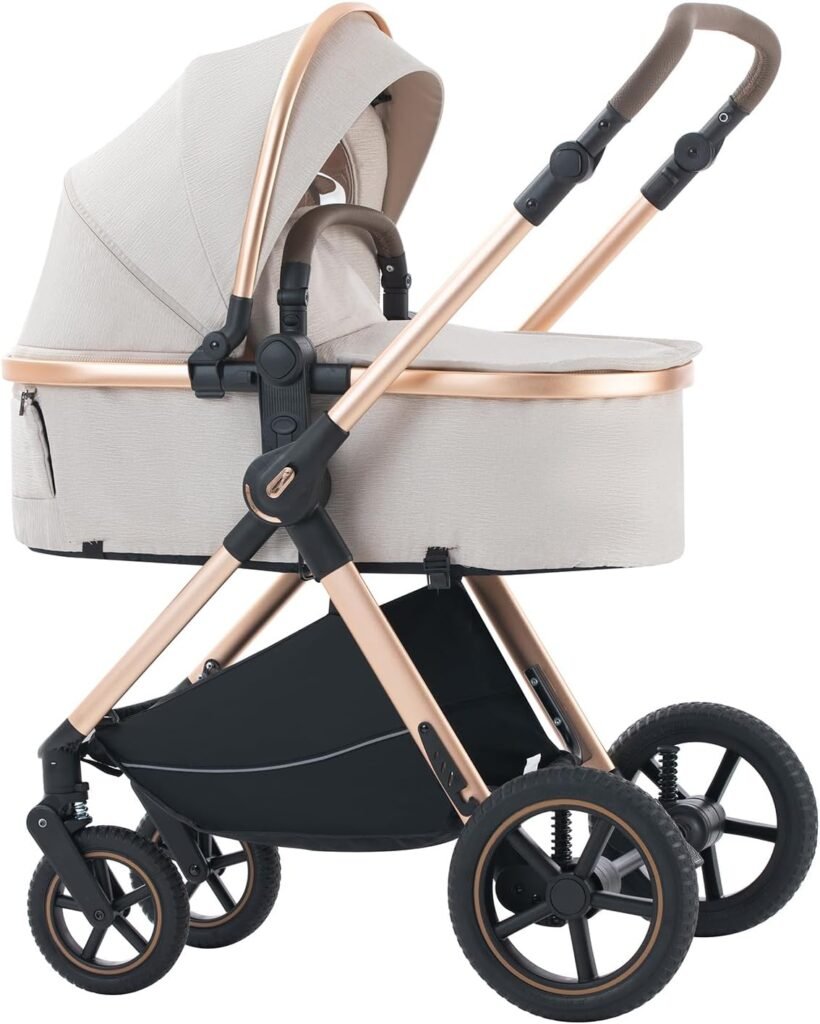 3 in 1 Baby Stroller Travel Systems Pushchair Aluminium Frame High Landscape Combined Strollers Lightweight Folding Stroller for Features an Adjustable Push Handle Height Compact Pram