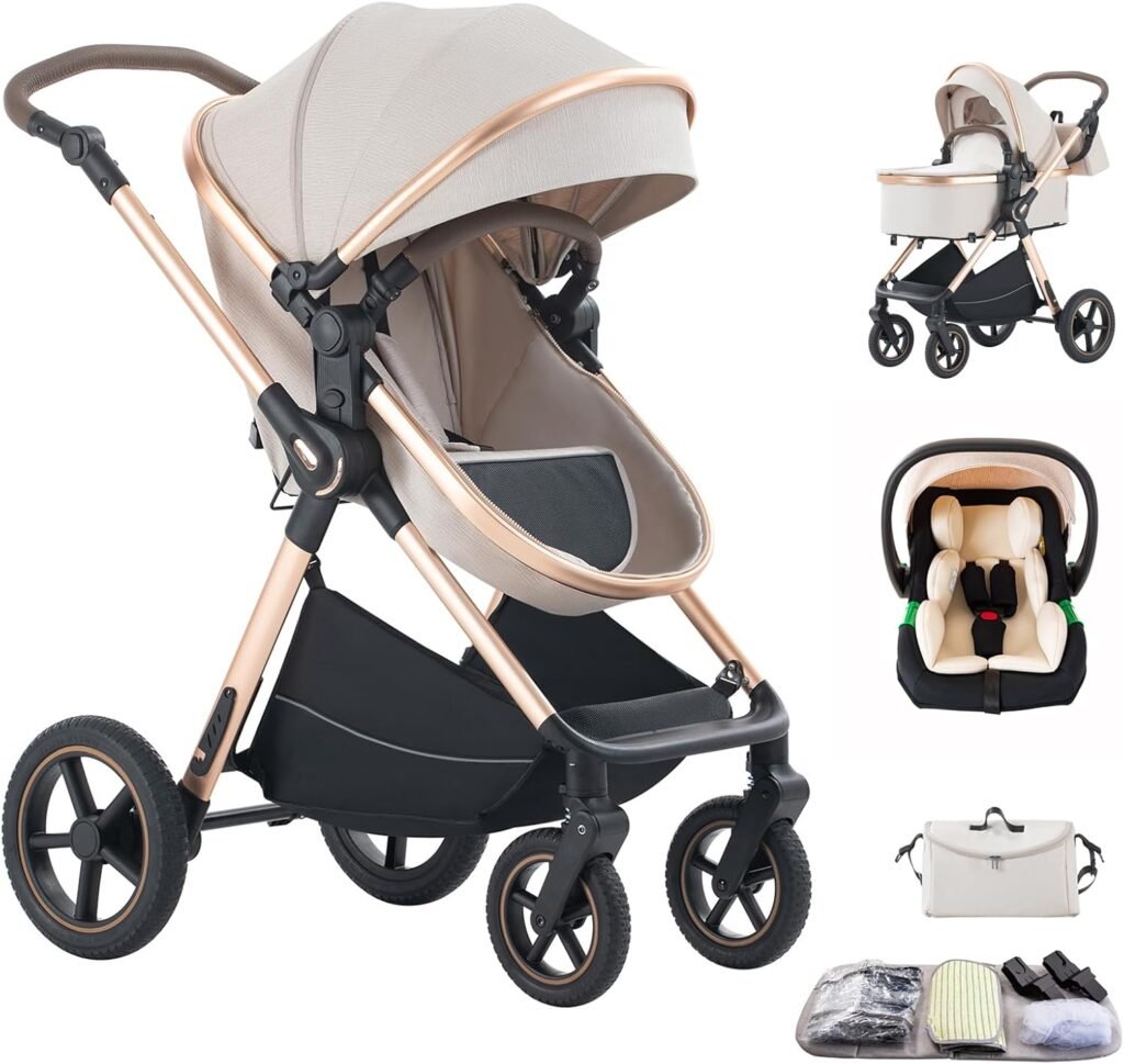 3 in 1 Baby Stroller Travel Systems Pushchair Aluminium Frame High Landscape Combined Strollers Lightweight Folding Stroller for Features an Adjustable Push Handle Height Compact Pram