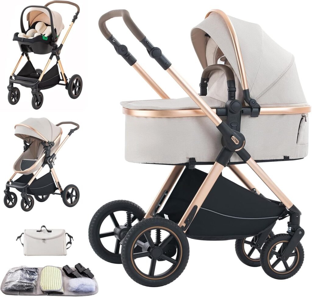 3 in 1 Baby Stroller with Height Adjustable Handle,3 in 1 Prams Travel System, Lightweight Foldable Pushchair, Prams with Aluminum Frame for Portable Baby Carriage