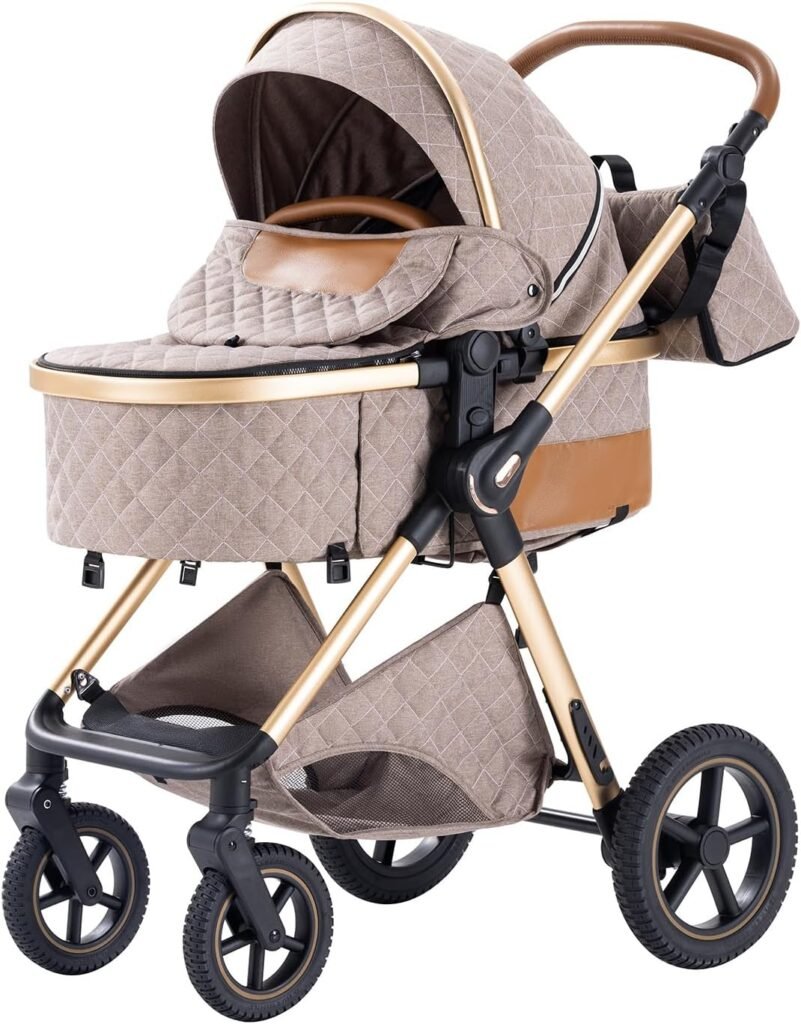 3 in 1 Baby Stroller with Height Adjustable Handle,3 in 1 Prams Travel System, Lightweight Foldable Pushchair, Prams with Aluminum Frame for Portable Baby Carriage (D2 Purple, H2-D)