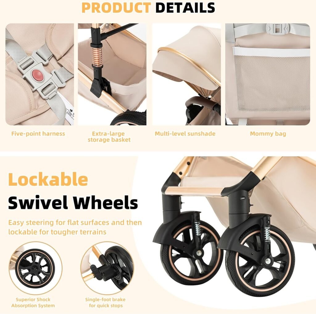 3 in 1 Baby Stroller with Height Adjustable Handle,3 in 1 Prams Travel System, Lightweight Foldable Pushchair, Prams with Aluminum Frame for Portable Baby Carriage (D2 RICEWHITE-N, D2)