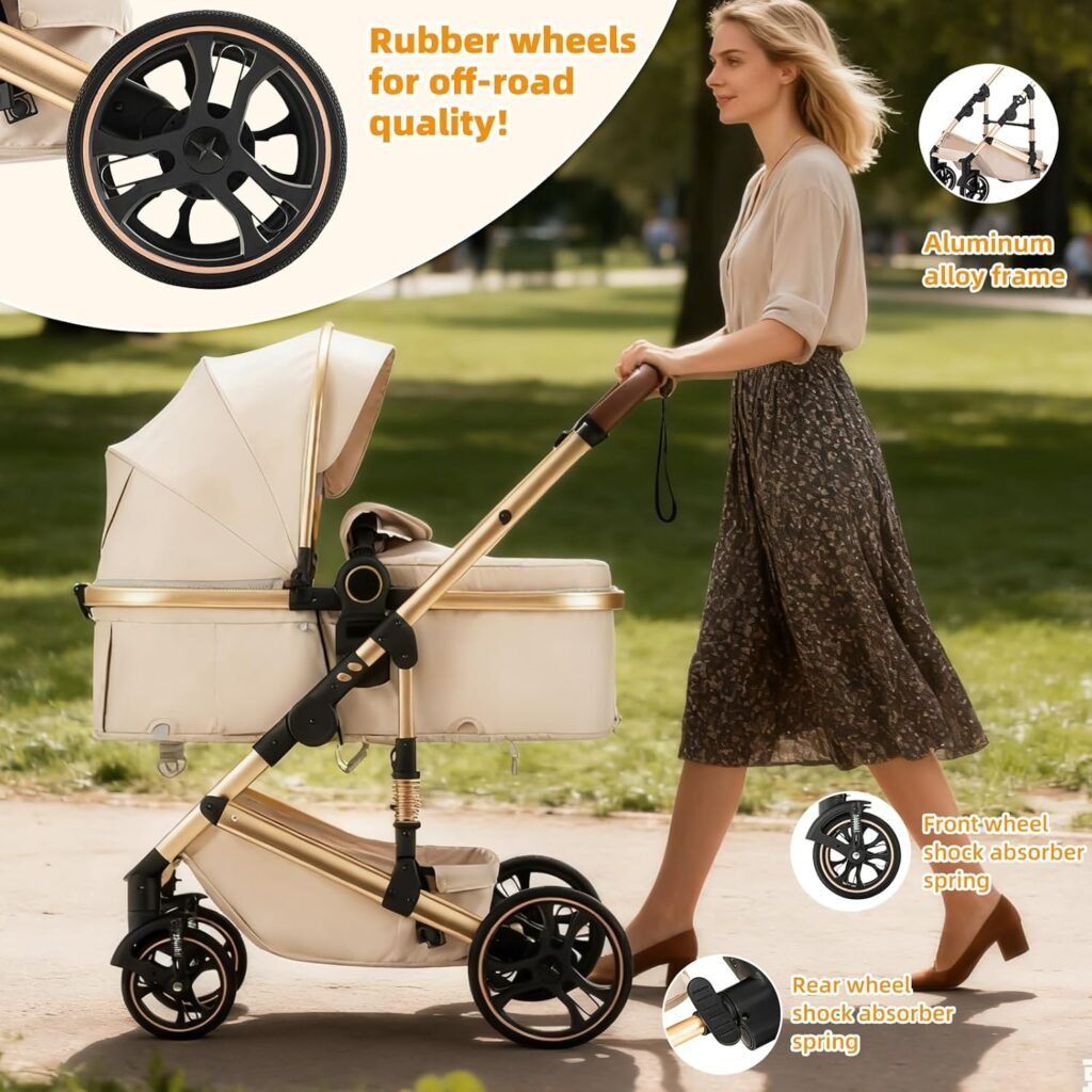 3 in 1 Baby Stroller with Height Adjustable Handle,3 in 1 Prams Travel System, Lightweight Foldable Pushchair, Prams with Aluminum Frame for Portable Baby Carriage (D2 RICEWHITE-N, D2)