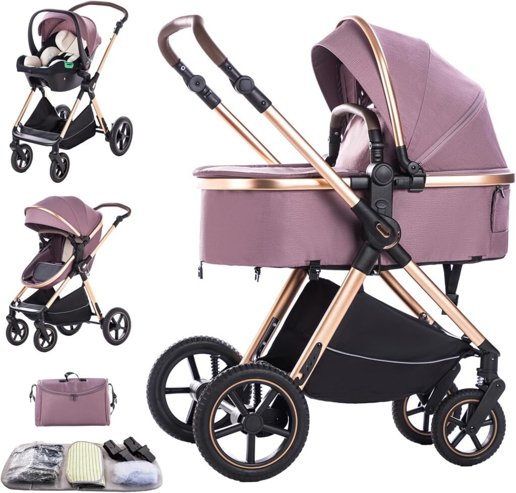 3 in 1 Baby Stroller with Height Adjustable Handle,3 in 1 Prams Travel System, Lightweight Foldable Pushchair, Prams with Aluminum Frame for Portable Baby Carriage (D2 Purple, H2-D)