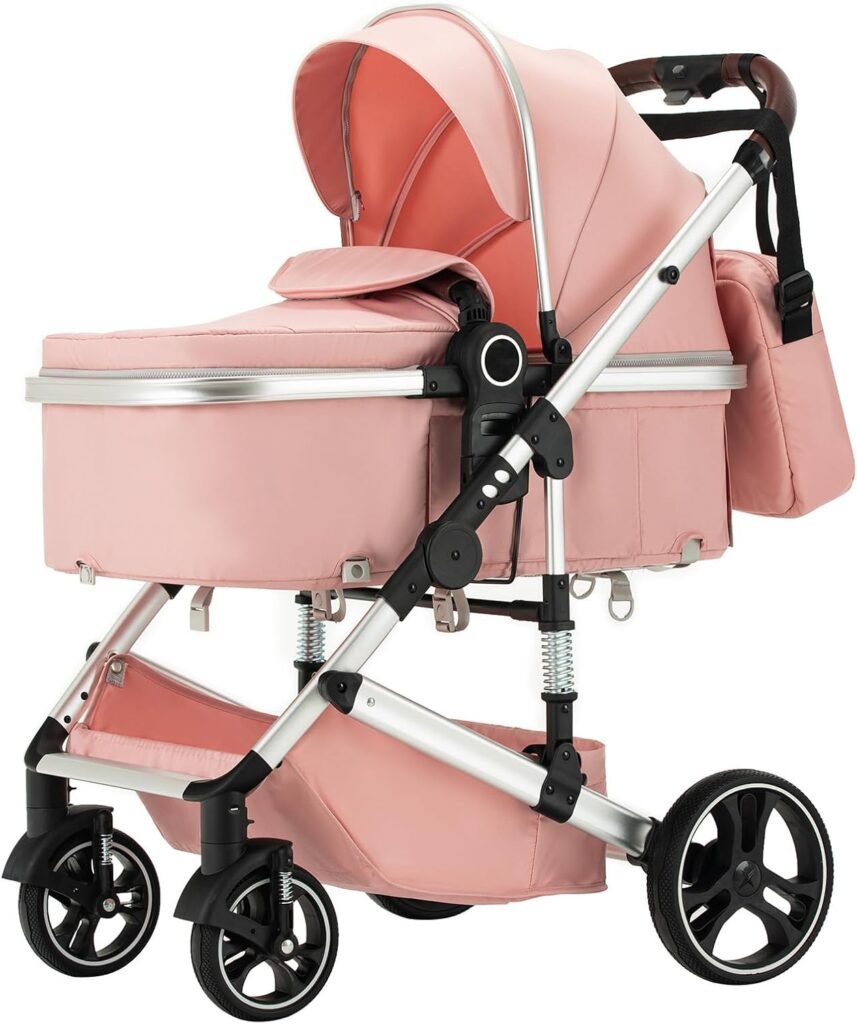 3 in 1 Pram Pushchair Aluminium Frame High Landscape Combined Buggy Lightweight Folding Stroller 3 in 1 Travel System Pram for Newborns Toddlers 0-36 Months from Birth (RICEWHITE-D, D2)