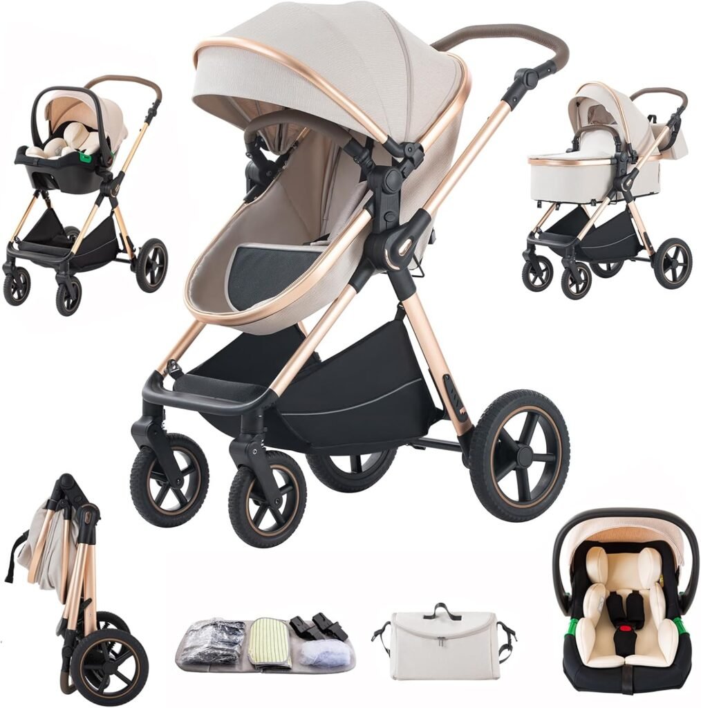 3 in 1 Pram Pushchair Aluminium Frame High Landscape Combined Buggy Lightweight Folding Stroller 3 in 1 Travel System Pram for Newborns Toddlers 0-36 Months from Birth (RICEWHITE-D, D2)