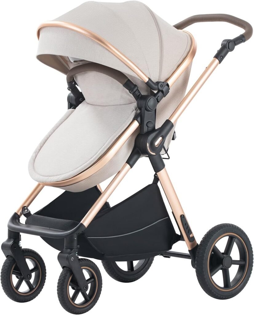 3 in 1 Pram Pushchair Aluminium Frame High Landscape Combined Buggy Lightweight Folding Stroller 3 in 1 Travel System Pram for Newborns Toddlers 0-36 Months from Birth (RICEWHITE-D, D2)