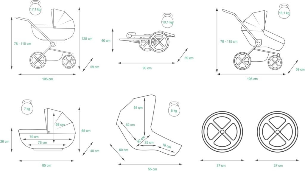 BabyLux ALU 2in1 Stroller for Toddlers – Pushchairs  Prams – Baby Stroller Pushchair for Newborn and Toddler – Baby Newborn Pram – 59x105x125cm – Max 15kg – Black Dots Silver Frame