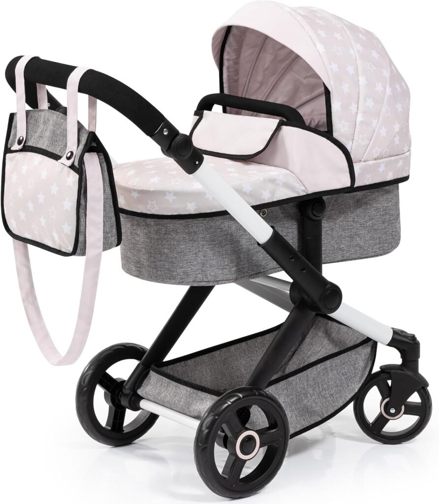 Bayer Design 17031AA Combi dolls pram Xeo, stroller, height-adjustable handle, convertible, bag, white-grey with stars