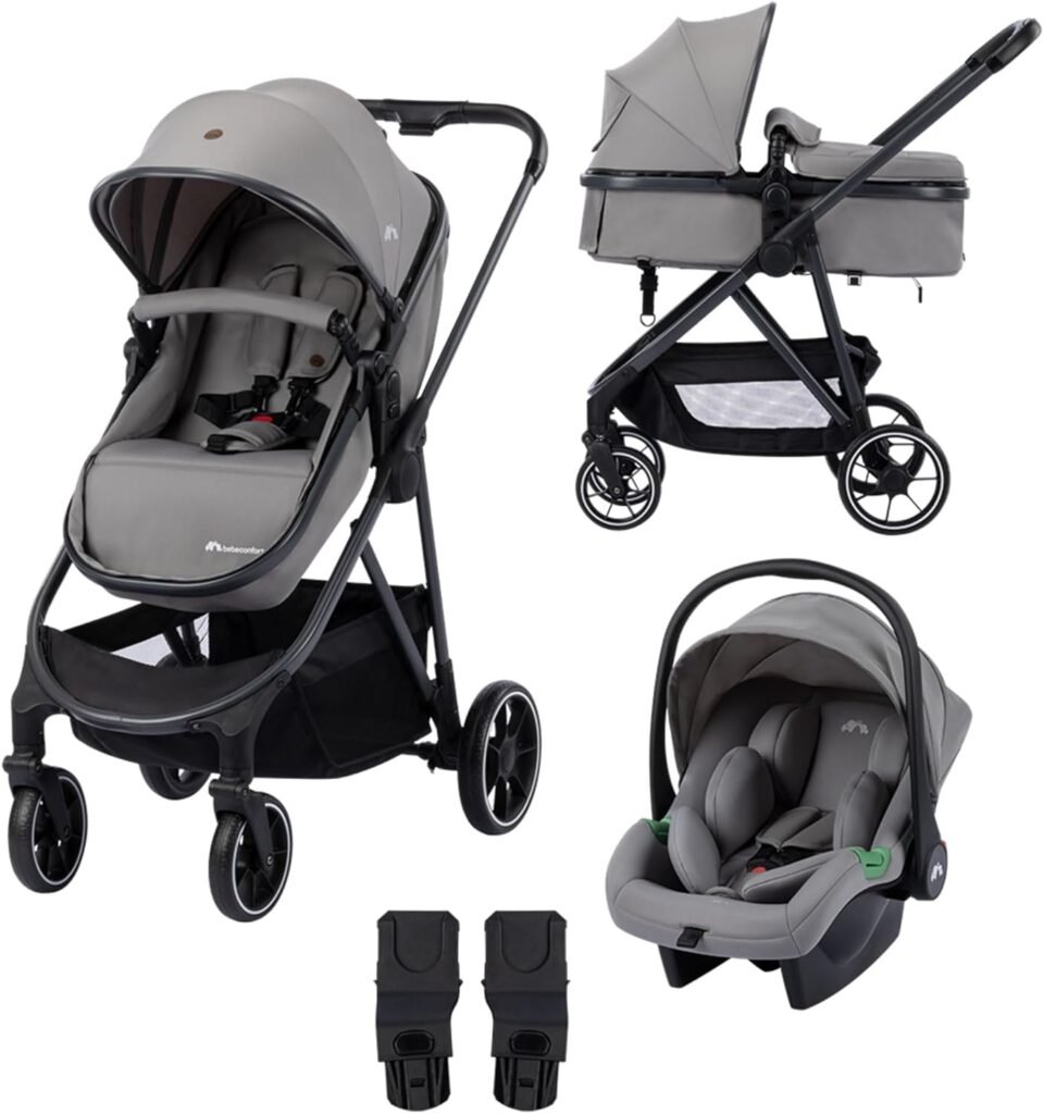 Bebeconfort Breeze Trio Baby Stroller 3 in 1 with Car Seat, Pushchair Travel System 0-4 Years, Compact Folding, 2-in-1 Seat from Bassinet to Toddler, Rain Cover, Boot Cover, Mineral Grey
