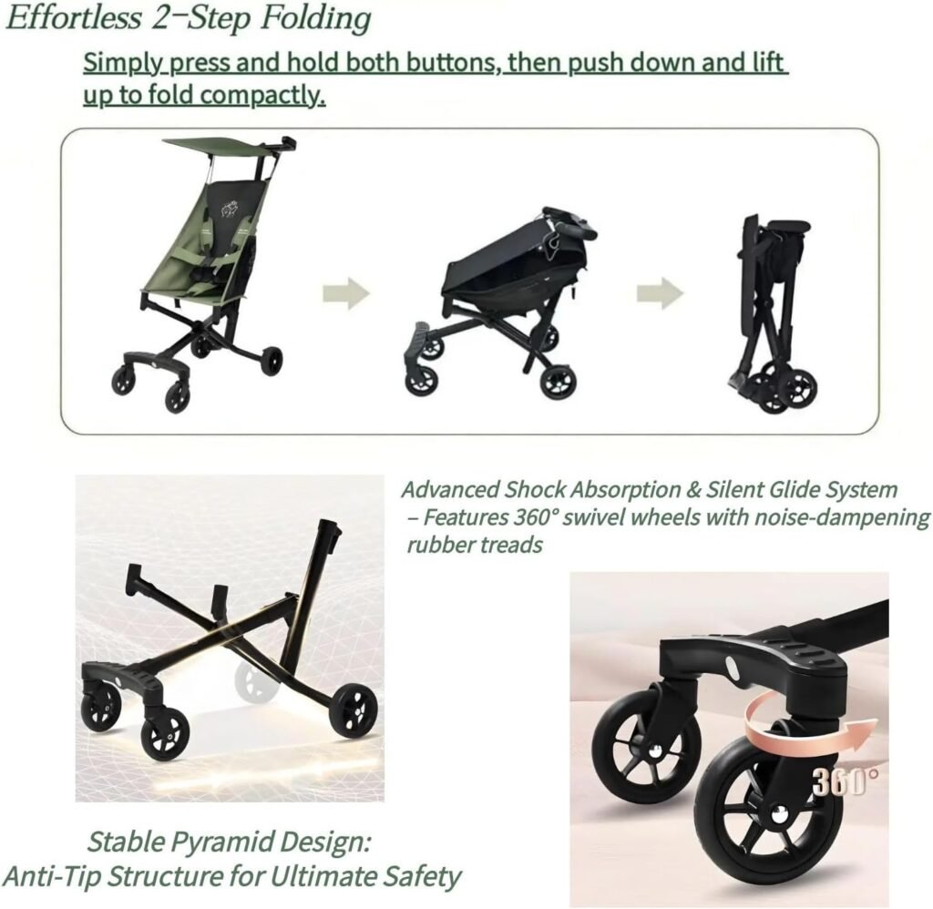 Cabin-Approved Travel Stroller 0-6Y 6.2lbs Ultra-Light Design 5-Point Safety + LED/Rain Kit Bonus XL Bag  OEM Cushion Black