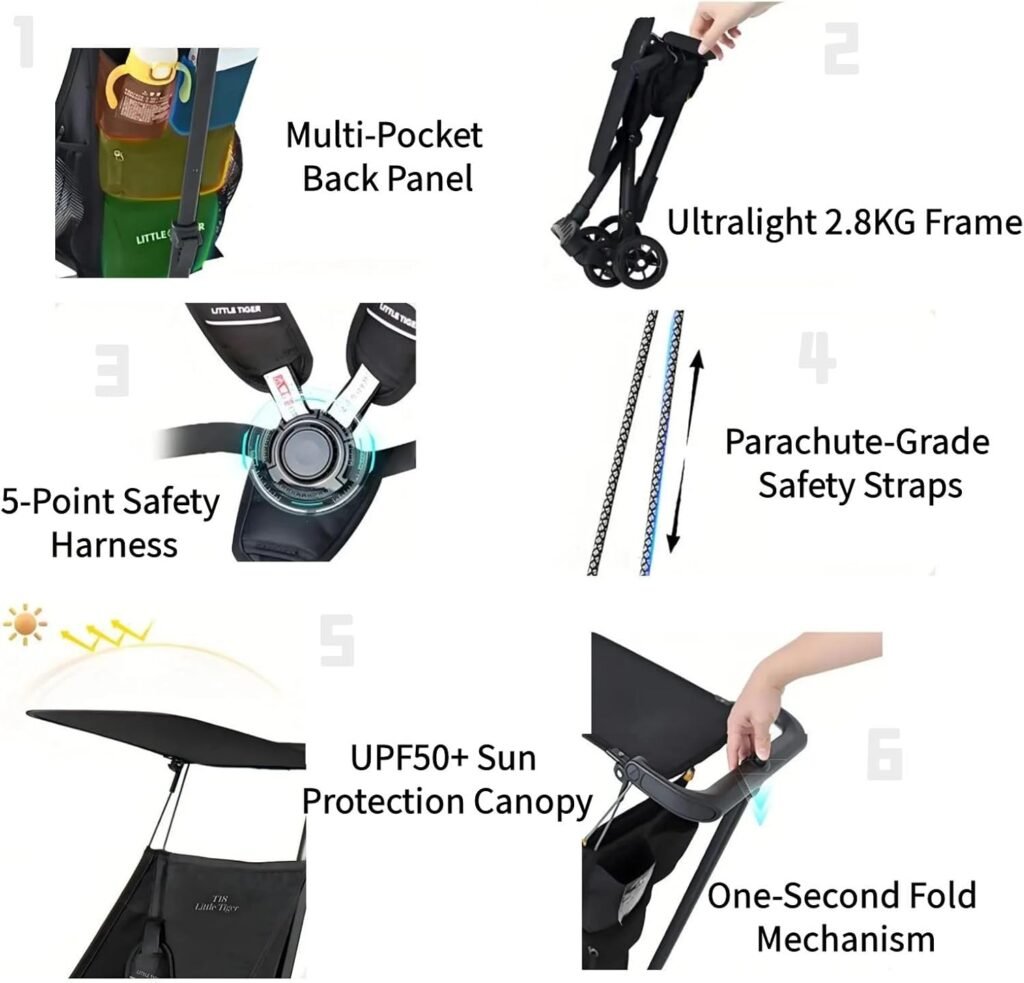 Cabin-Approved Travel Stroller 0-6Y 6.2lbs Ultra-Light Design 5-Point Safety + LED/Rain Kit Bonus XL Bag  OEM Cushion Black