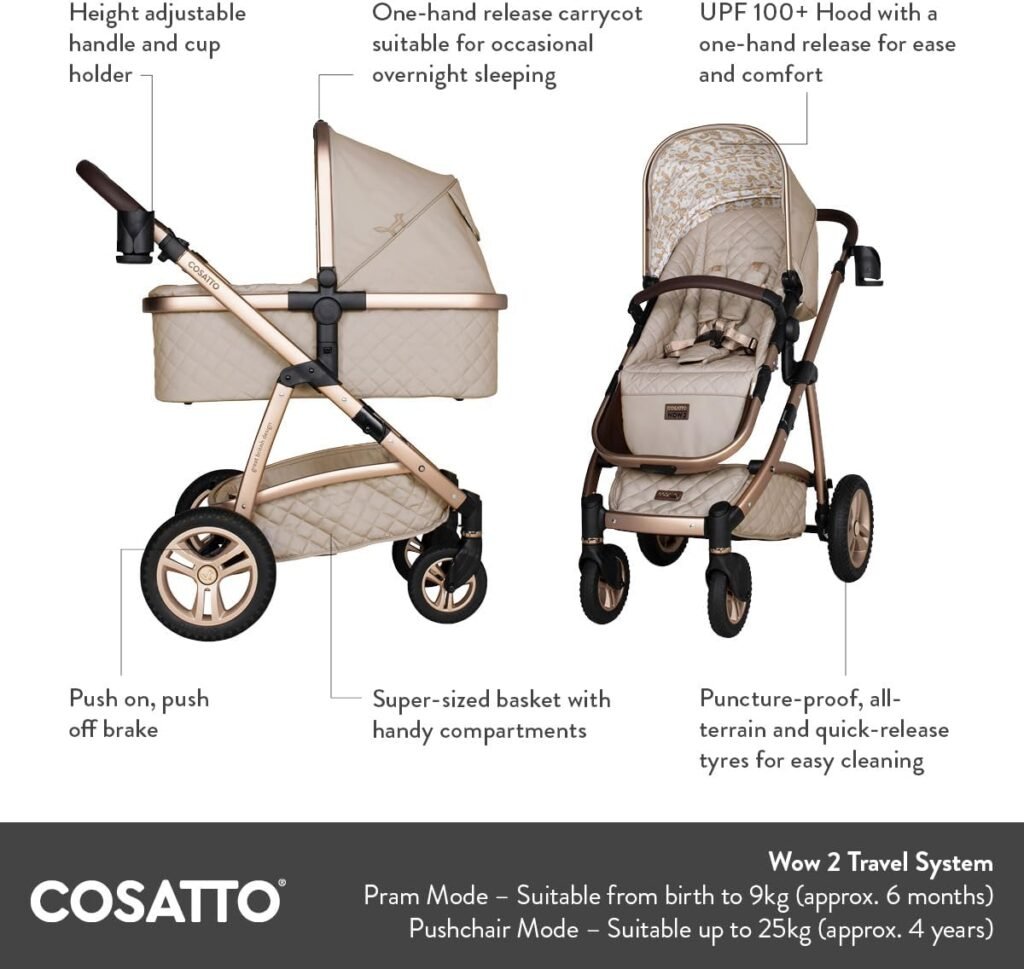 Cosatto 3 in 1 Travel System, Wow 2 - Birth to 25kg, Compact Fold  Lightweight, Inc Carrycot, Seat Unit, ADAC Tested iSize Car Seat, Adapters  Raincover (Whisper)