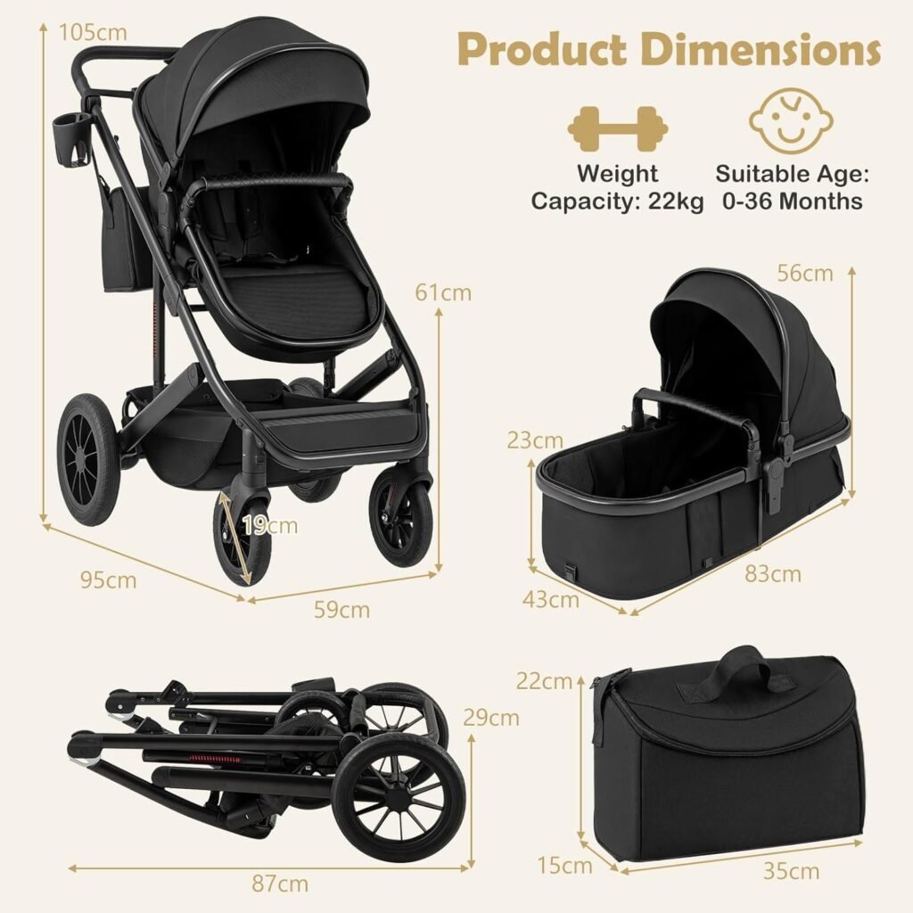COSTWAY 3 in 1 Baby Stroller, Foldable Aluminum Frame Travel System Pram with Reversible Seat, Adjustable Canopy Handle, Diaper Bag, Infant Newborn Pushchair for 0-36 Months (Black) COSTWAY 3 in 1 Baby Stroller, Foldable Aluminum Frame Travel System Pram with Reversible Seat, Adjustable Canopy Handle, Diaper Bag, Infant Newborn Pushchair for 0-36 Months (Black)