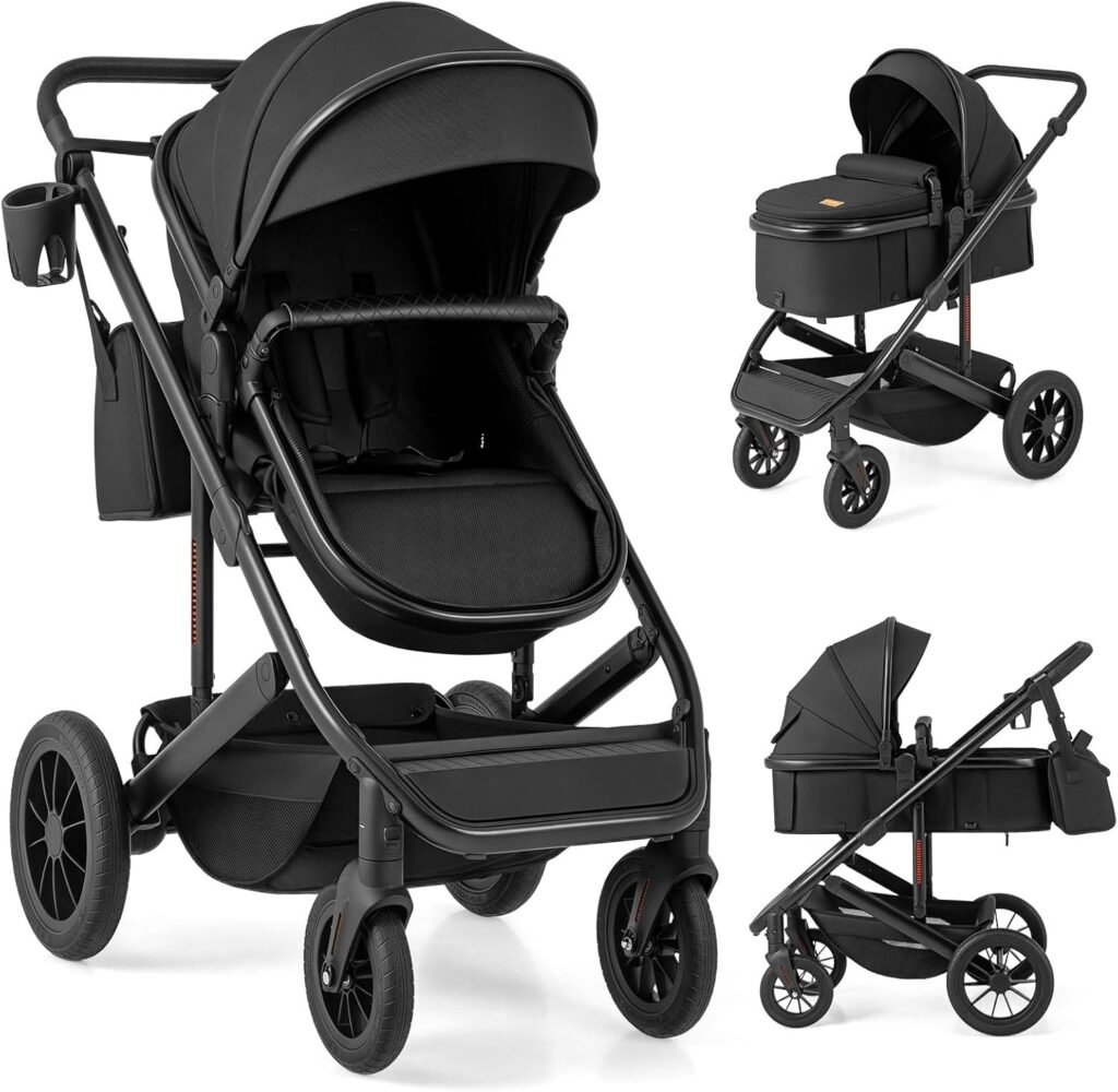 COSTWAY 3 in 1 Baby Stroller, Foldable Aluminum Frame Travel System Pram with Reversible Seat, Adjustable Canopy Handle, Diaper Bag, Infant Newborn Pushchair for 0-36 Months (Black) COSTWAY 3 in 1 Baby Stroller, Foldable Aluminum Frame Travel System Pram with Reversible Seat, Adjustable Canopy Handle, Diaper Bag, Infant Newborn Pushchair for 0-36 Months (Black)