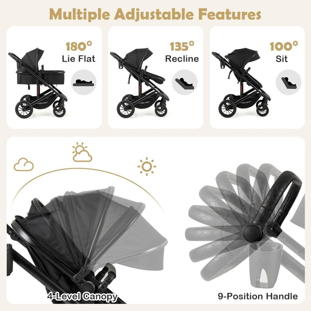 COSTWAY 3 in 1 Baby Stroller, Foldable Aluminum Frame Travel System Pram with Reversible Seat, Adjustable Canopy Handle, Diaper Bag, Infant Newborn Pushchair for 0-36 Months (Black) COSTWAY 3 in 1 Baby Stroller, Foldable Aluminum Frame Travel System Pram with Reversible Seat, Adjustable Canopy Handle, Diaper Bag, Infant Newborn Pushchair for 0-36 Months (Black)