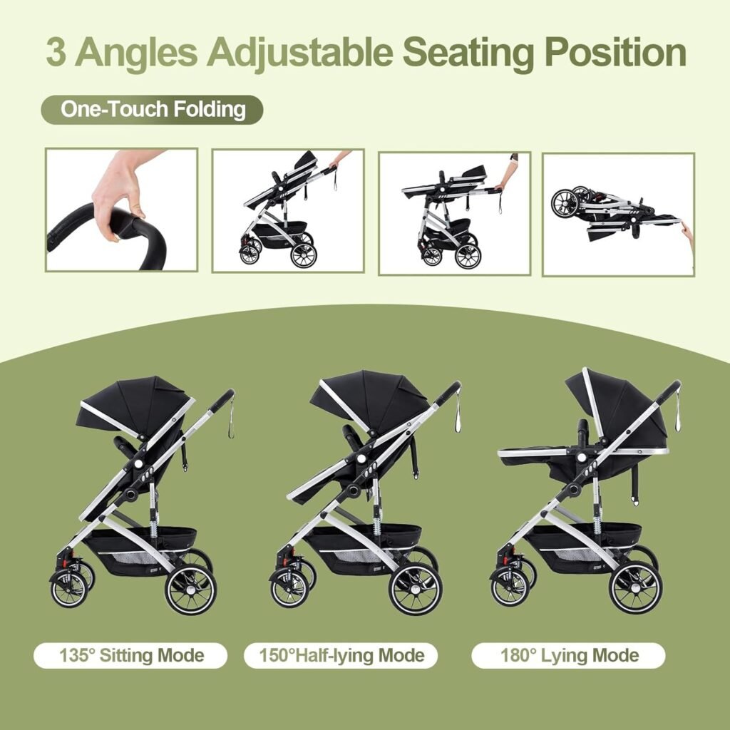 Gcarebb 3 in 1 Prams Travel System, Pushchair with Height Adjustable Handle, Travel Pram with Mosquito Net, Baby Stroller with Aluminum Frame for Newborn 0-4 Years