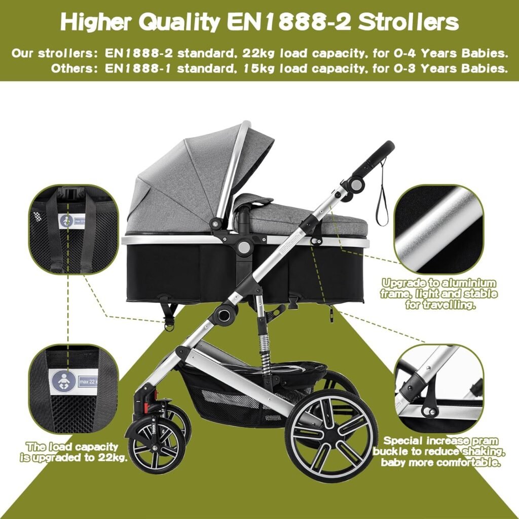 Gcarebb 3 in 1 Prams Travel System, Pushchair with Height Adjustable Handle, Travel Pram with Mosquito Net, Baby Stroller with Aluminum Frame for Newborn 0-4 Years