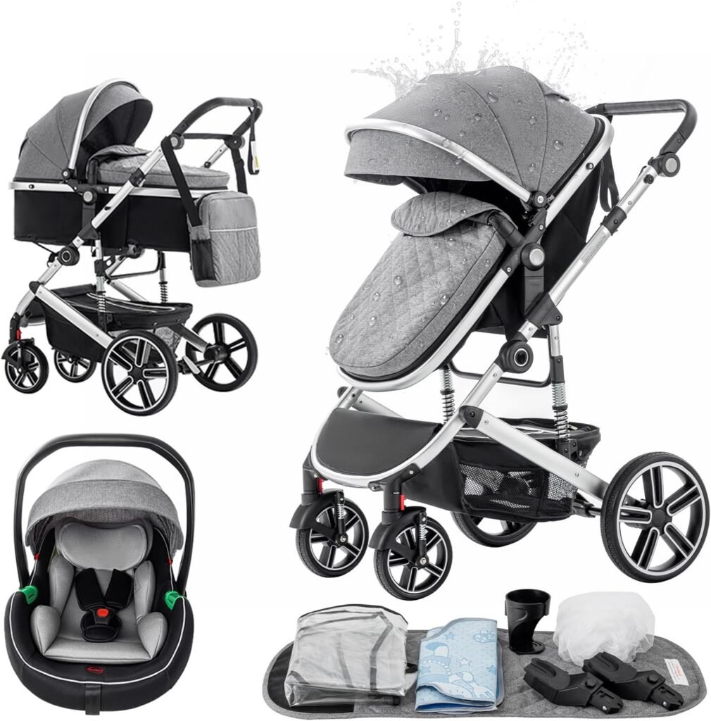 Gcarebb 3 in 1 Prams Travel System, Pushchair with Height Adjustable Handle, Travel Pram with Mosquito Net, Baby Stroller with Aluminum Frame for Newborn 0-4 Years