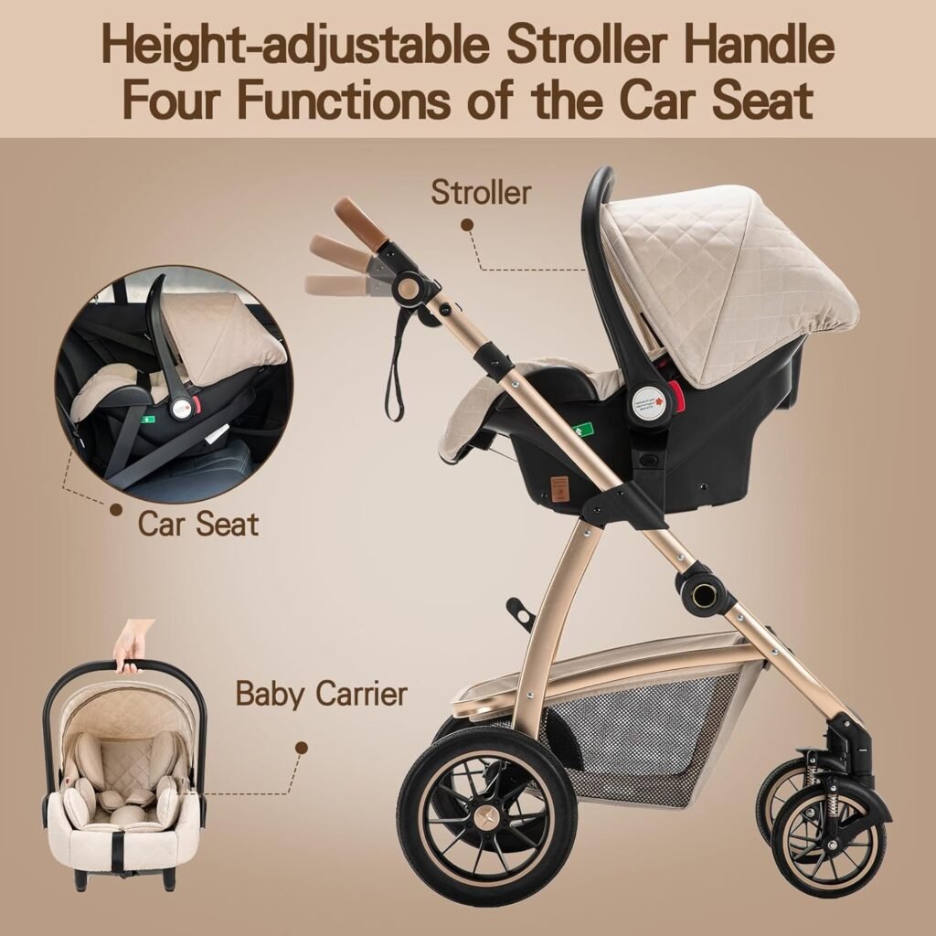 Gcarebb 3 in 1 Prams Travel System, Pushchair with Height Adjustable Handle, Travel Pram with Mosquito Net, Baby Stroller with Aluminum Frame for Newborn 0-4 Years