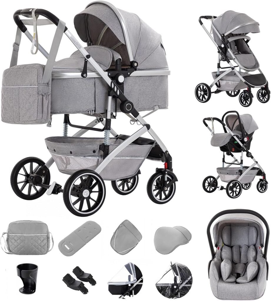 Gcarebb 3 in 1 Prams Travel System, Pushchair with Height Adjustable Handle, Travel Pram with Mosquito Net, Baby Stroller with Aluminum Frame for Newborn 0-4 Years