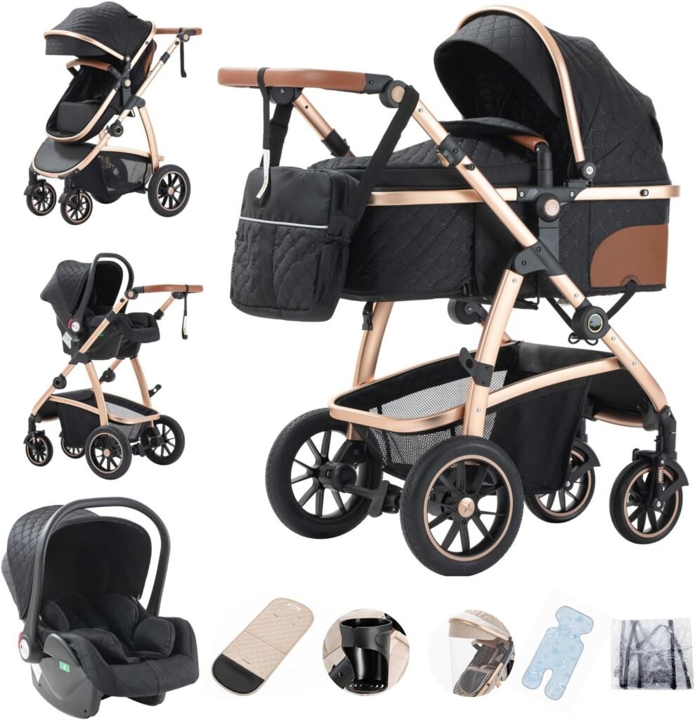 Gcarebb 3 in 1 Prams Travel System, Pushchair with Height Adjustable Handle, Travel Pram with Mosquito Net, Baby Stroller with Aluminum Frame for Newborn 0-4 Years