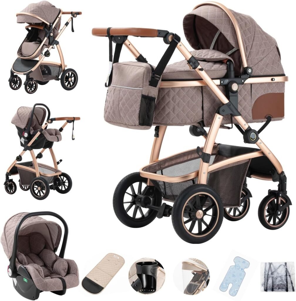 Gcarebb 3 in 1 Prams Travel System, Pushchair with Height Adjustable Handle, Travel Pram with Mosquito Net, Baby Stroller with Aluminum Frame for Newborn 0-4 Years