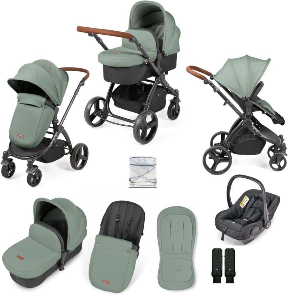 Ickle Bubba Stomp Urban 3-in-1 Travel System  Astral Car Seat – Birth to 22kgs (Approx. 4 Years), Lightweight City Pram, Carrycot  Seat Unit, Compact Fold, UPF 50+ Hood  Accessories (Sage Green)