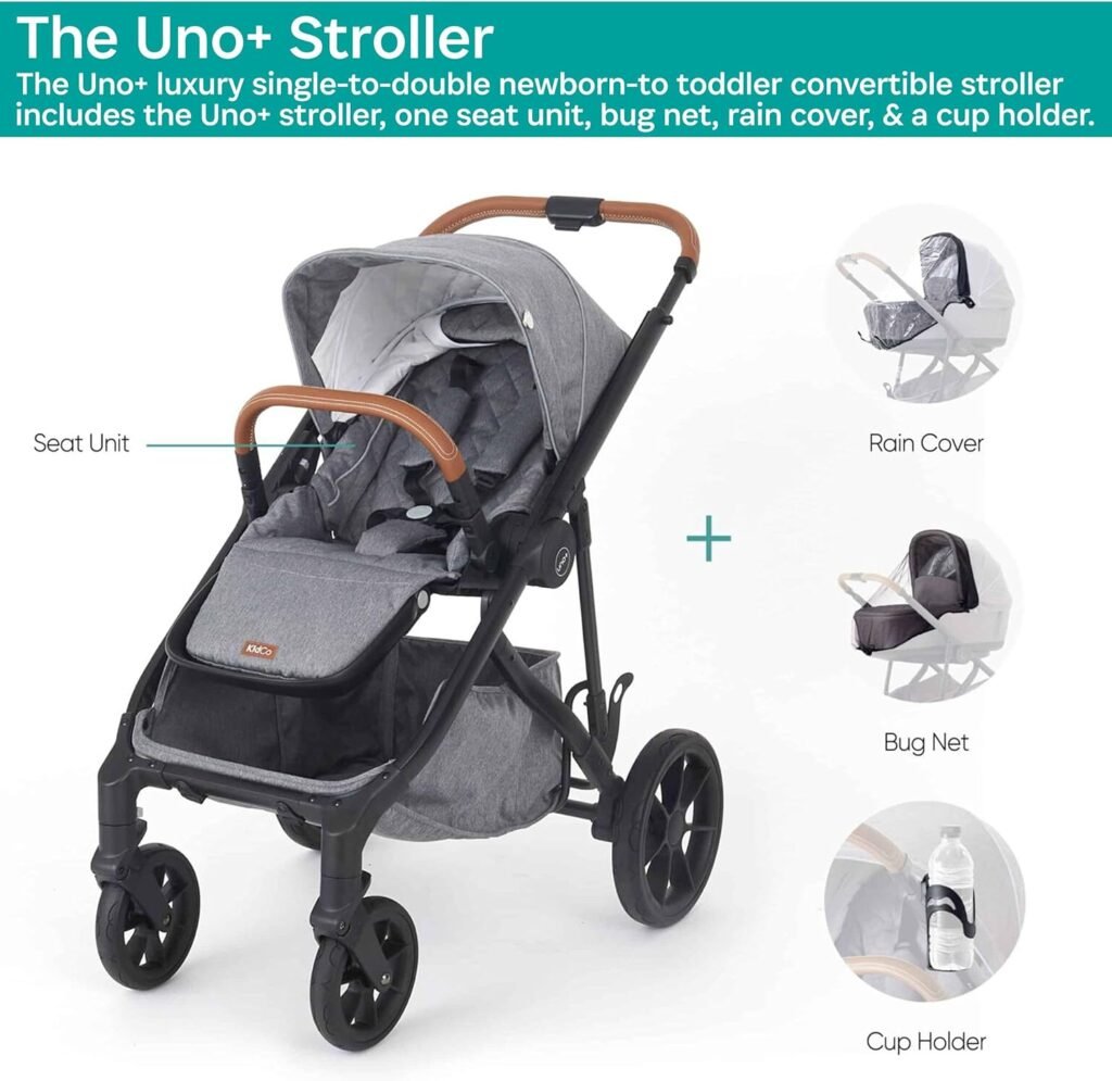 KidCo Uno+ Luxury Single to Double Newborn to Toddler Convertible Stroller Travel System, Portable  Collapsable - Pearl Grey