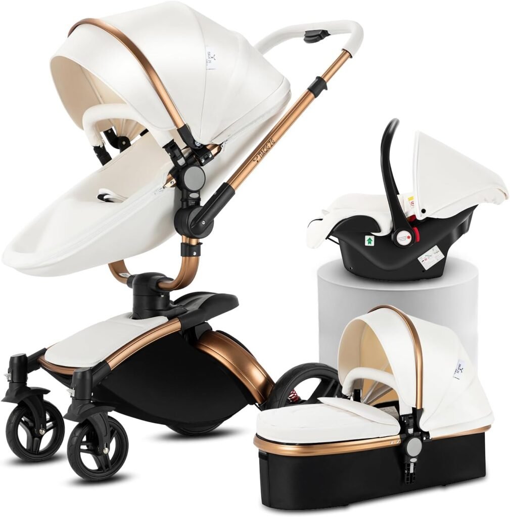 Magic ZC PU Leather 3 in 1 Pushchair Pram Travel System, Baby Stroller 3 in 1 with 360° Rotatable Seat, Newborn Infant Buggy with Aluminum Frame, Toddler Carriage with One-Click Folding (906 White-1) Magic ZC PU Leather 3 in 1 Pushchair Pram Travel System, Baby Stroller 3 in 1 with 360° Rotatable Seat, Newborn Infant Buggy with Aluminum Frame, Toddler Carriage with One-Click Folding (906 White-1)